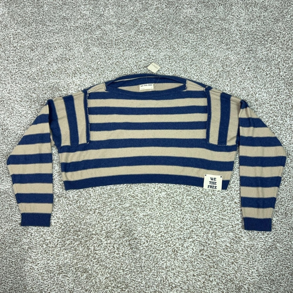 We The Free People Sweater Womens Large Blue White‎ Striped Cropped Oversized